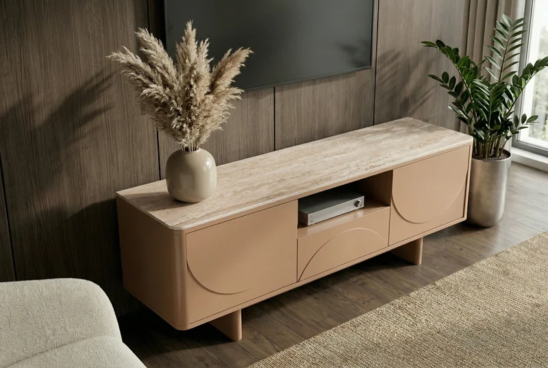 Design TV Board SAVOY 150cm grau beige greige Travertin Keramik mit Schublade 3D-Front