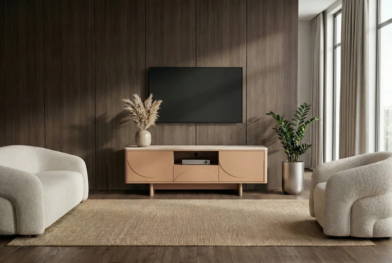 Design TV Board SAVOY 150cm grau beige greige Travertin Keramik mit Schublade 3D-Front