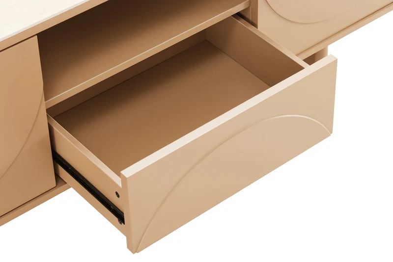 Design TV Board SAVOY 150cm grau beige greige Travertin Keramik mit Schublade 3D-Front