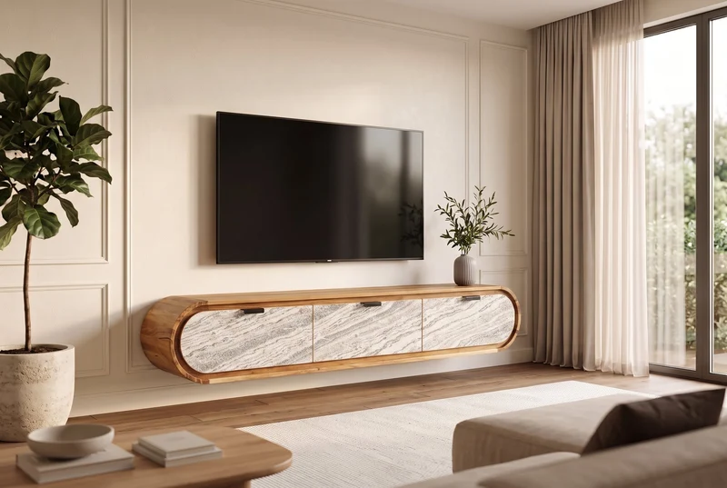 TV-Board ORGANIC 160cm suspendu en acacia naturel noir blanc revêtement pierre tiroirs
