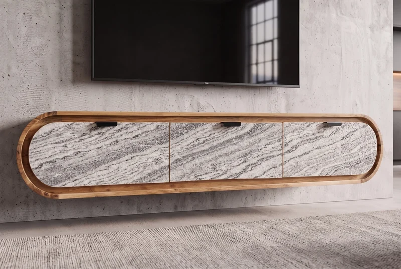 TV-Board ORGANIC 160cm suspendu en acacia naturel noir blanc revêtement pierre tiroirs