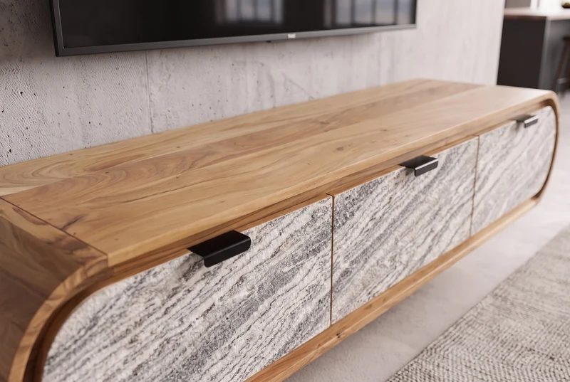 TV-Board ORGANIC 160cm suspendu en acacia naturel noir blanc revêtement pierre tiroirs