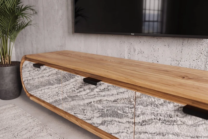 TV-Board ORGANIC 160cm suspendu en acacia naturel noir blanc revêtement pierre tiroirs