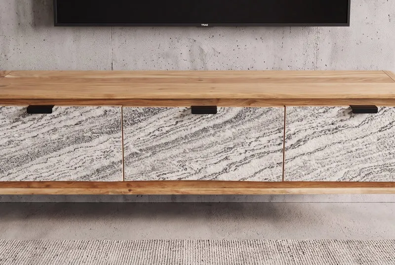 TV-Board ORGANIC 160cm suspendu en acacia naturel noir blanc revêtement pierre tiroirs