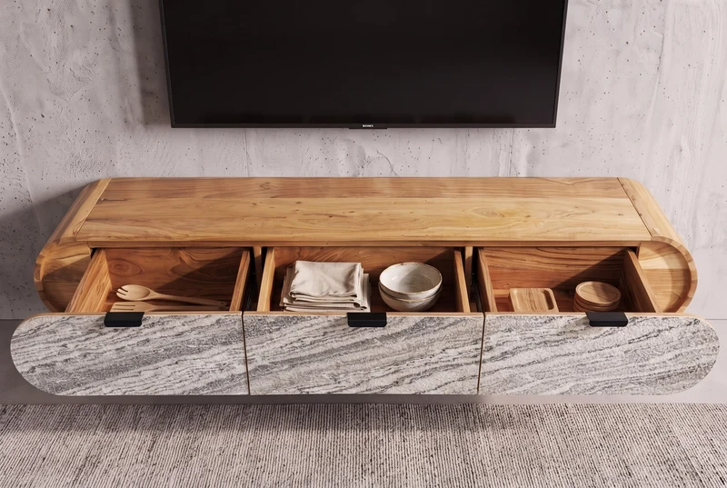 TV-Board ORGANIC 160cm suspendu en acacia naturel noir blanc revêtement pierre tiroirs