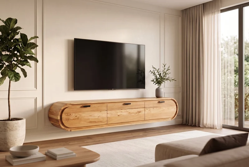 TV-Board suspendu ORGANIC 160cm naturel bois d'acacia massif handmade avec tiroirs