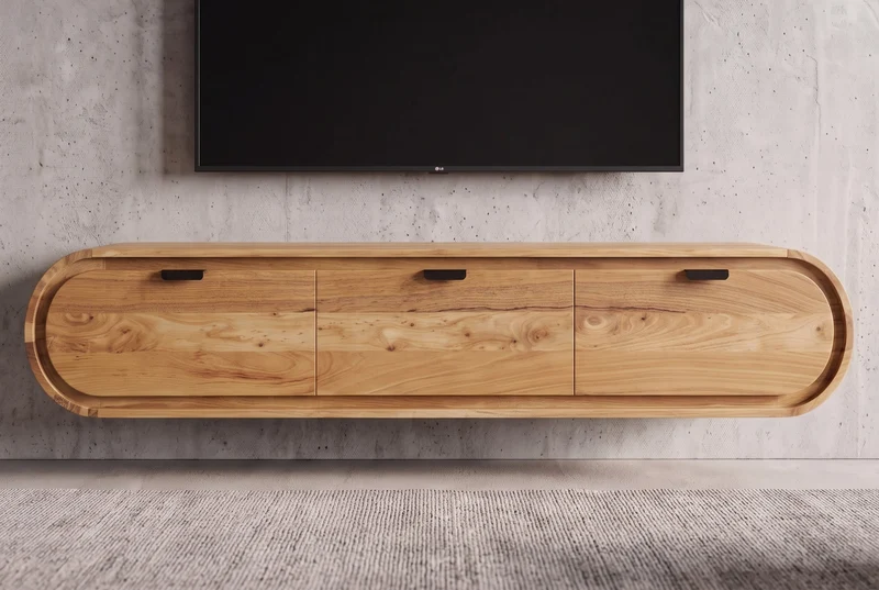TV-Board suspendu ORGANIC 160cm naturel bois d'acacia massif handmade avec tiroirs