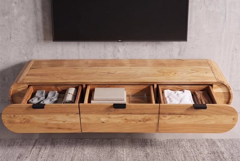 TV-Board suspendu ORGANIC 160cm naturel bois d'acacia massif handmade avec tiroirs