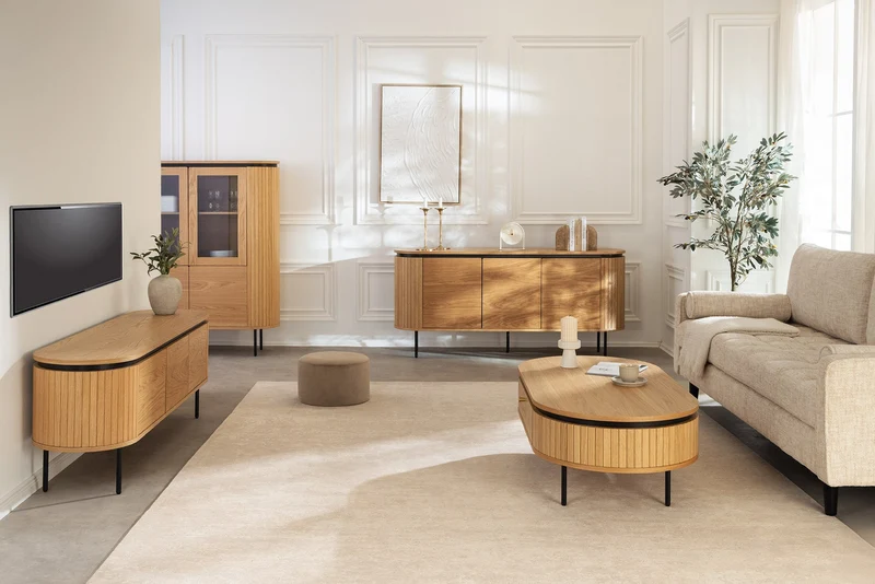 Meuble TV moderne ATELIER 120cm chêne naturel meuble bas en métal noir