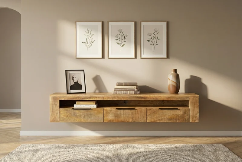 Meuble TV suspendu IRON CRAFT 160cm meuble bas en bois massif de manguier naturel à trois tiroirs