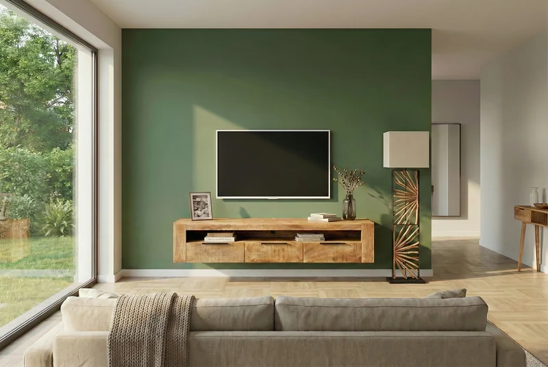 Meuble TV suspendu IRON CRAFT 160cm meuble bas en bois massif de manguier naturel à trois tiroirs