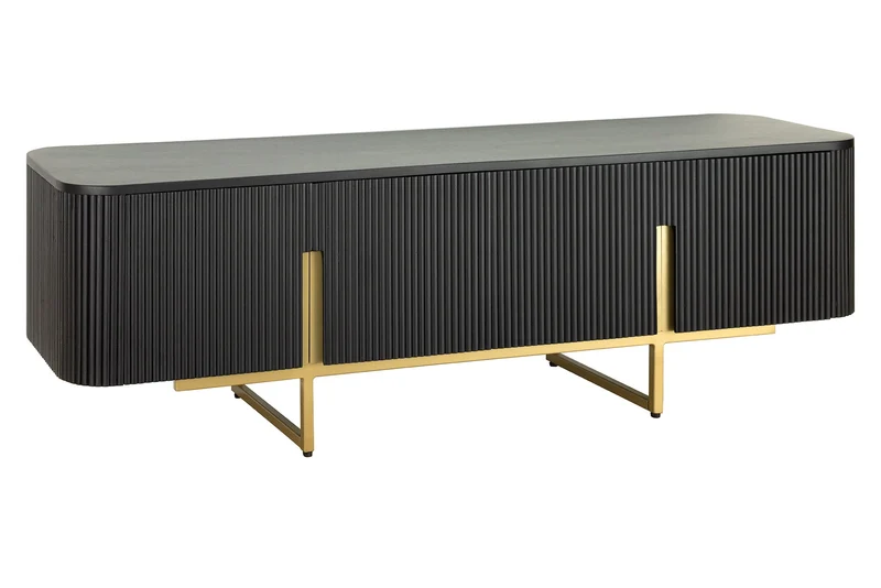 Meuble TV massif GATSBY 160cm meuble bas rétro en manguier noir doré