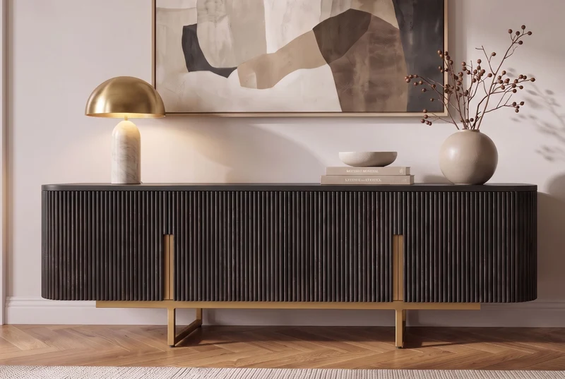 Meuble TV massif GATSBY 160cm meuble bas rétro en manguier noir doré