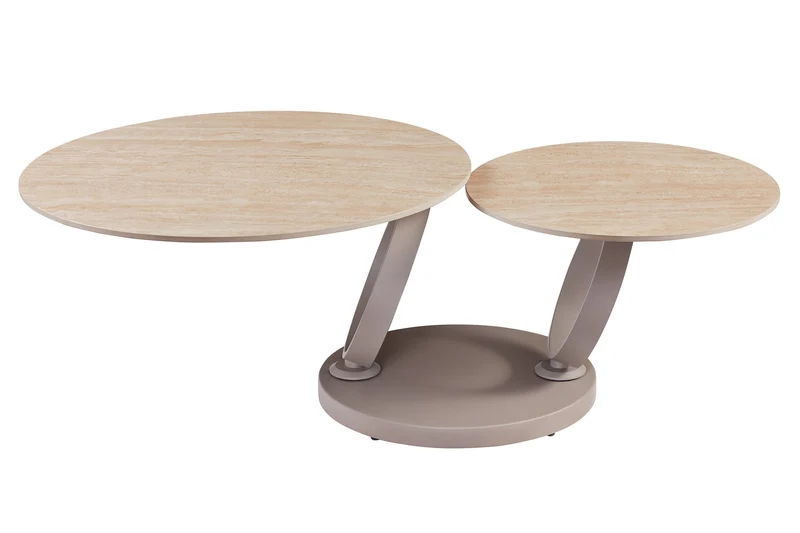 Table basse design DANCING RINGS ronde naturelle tournante en céramique travertin champagne grège
