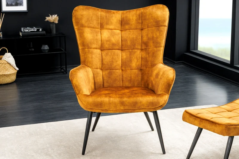 Fauteuil moderne SCANDINAVIA velours jaune moutarde pieds métal noir avec accoudoirs