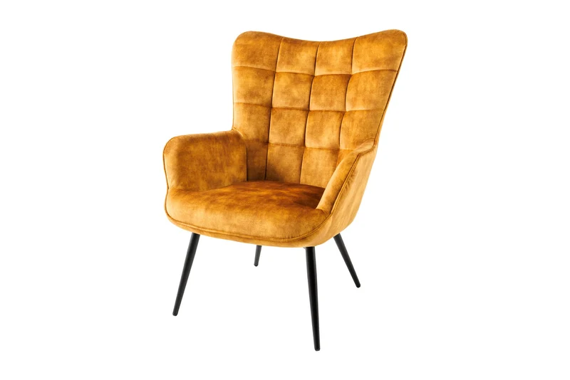 Fauteuil moderne SCANDINAVIA velours jaune moutarde pieds métal noir avec accoudoirs