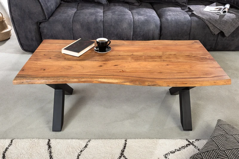 Table basse en bois massif MAMMUT 120 cm Acacia Finition Miel Cadre en X noir Plateau 2,5 cm