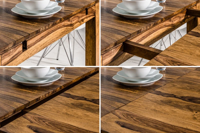Table à manger en bois massif PURE 160-240cm finition pierre de Sheesham marron avec rallonges