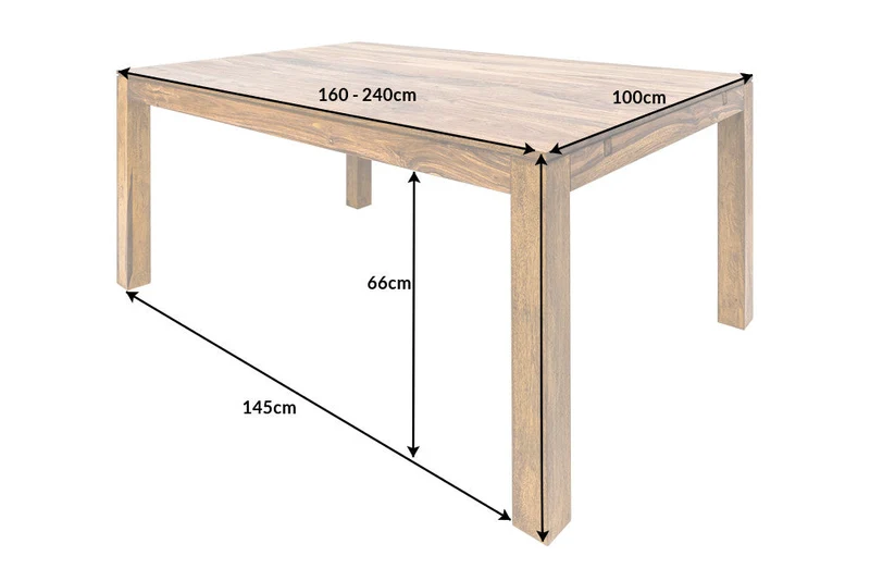 Table à manger en bois massif PURE 160-240cm finition pierre de Sheesham marron avec rallonges