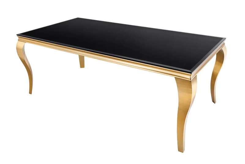Table à manger au design élégant et moderne de style baroque, 180 cm, plateau en verre opale, acier inoxydable noir et or