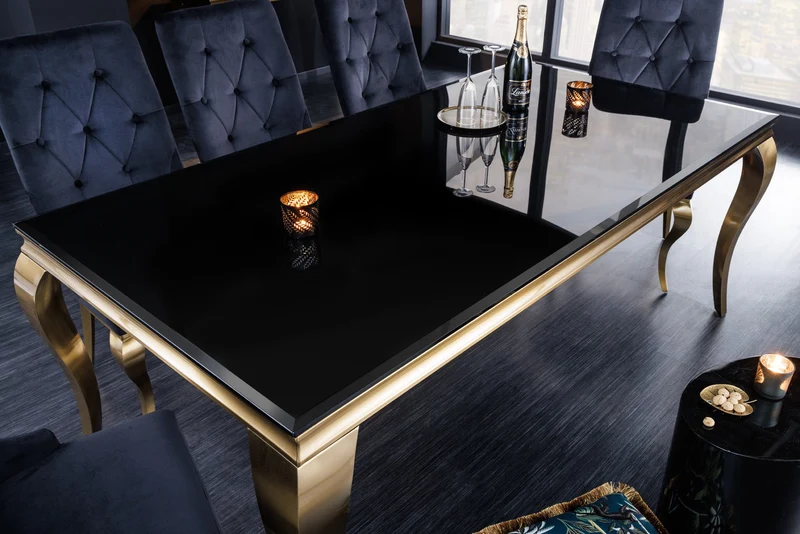 Table à manger au design élégant et moderne de style baroque, 180 cm, plateau en verre opale, acier inoxydable noir et or