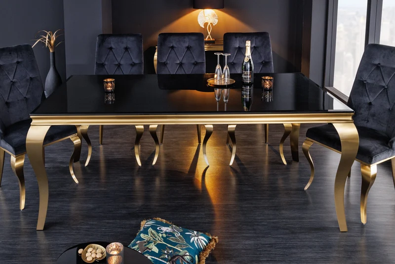Table à manger au design élégant et moderne de style baroque, 180 cm, plateau en verre opale, acier inoxydable noir et or