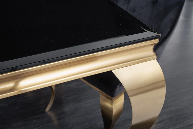 Table à manger au design élégant et moderne de style baroque, 180 cm, plateau en verre opale, acier inoxydable noir et or