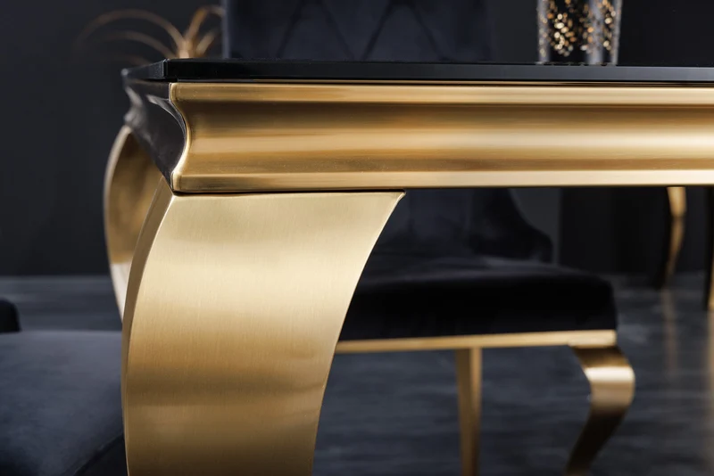 Table à manger au design élégant et moderne de style baroque, 180 cm, plateau en verre opale, acier inoxydable noir et or