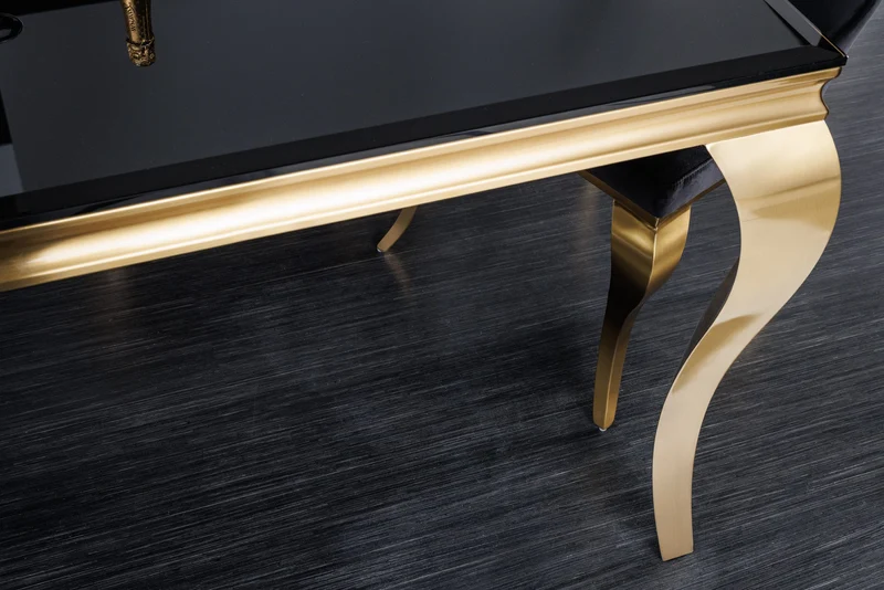 Table à manger au design élégant et moderne de style baroque, 180 cm, plateau en verre opale, acier inoxydable noir et or