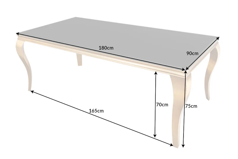 Table à manger au design élégant et moderne de style baroque, 180 cm, plateau en verre opale, acier inoxydable noir et or