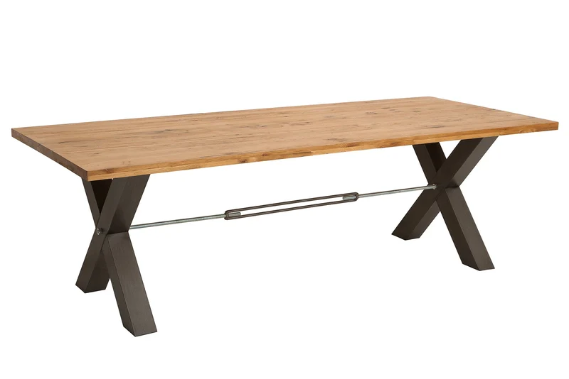 Table à manger en bois massif THOR 240cm chêne sauvage naturel huilé gris structure en X métal design industriel