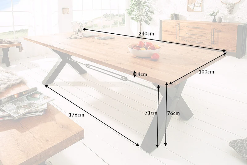 Table à manger en bois massif THOR 240cm chêne sauvage naturel huilé gris structure en X métal design industriel