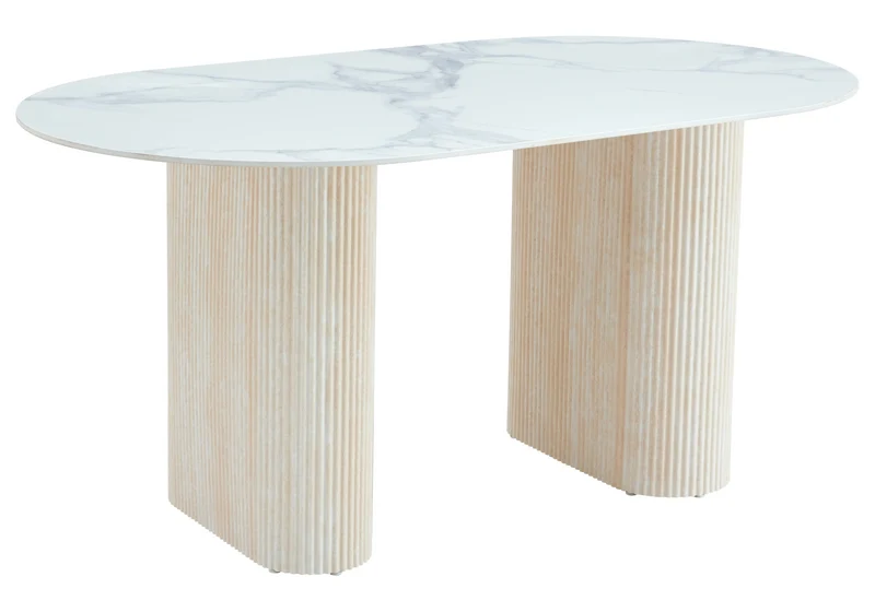 Table à manger ovale effet marbre blanc travertin - Serena