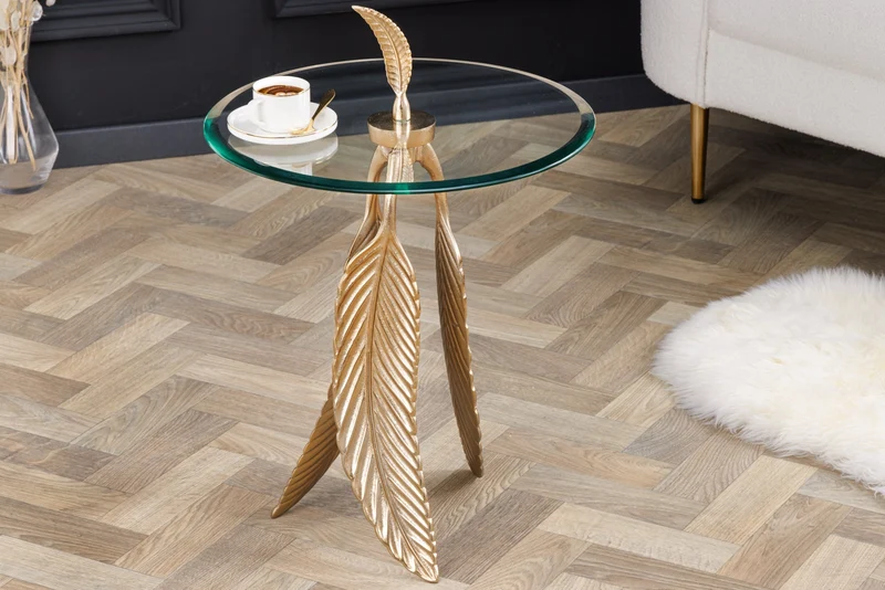 Table d’appoint extravagante FEATHER 65cm plateau en verre doré fait main ronde