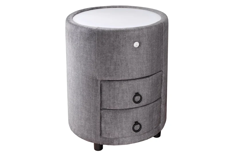 Table de chevet ronde SIGNUM 55cm tissu velours de soie gris Vogue incl. tiroirs d’éclairage