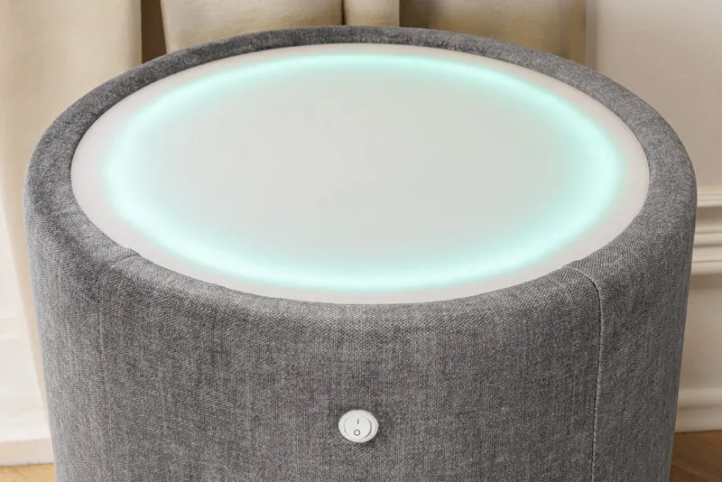 Table de chevet ronde SIGNUM 55cm tissu velours de soie gris Vogue incl. tiroirs d’éclairage