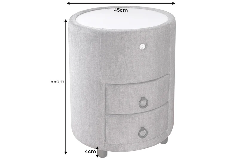Table de chevet ronde SIGNUM 55cm tissu velours de soie gris Vogue incl. tiroirs d’éclairage