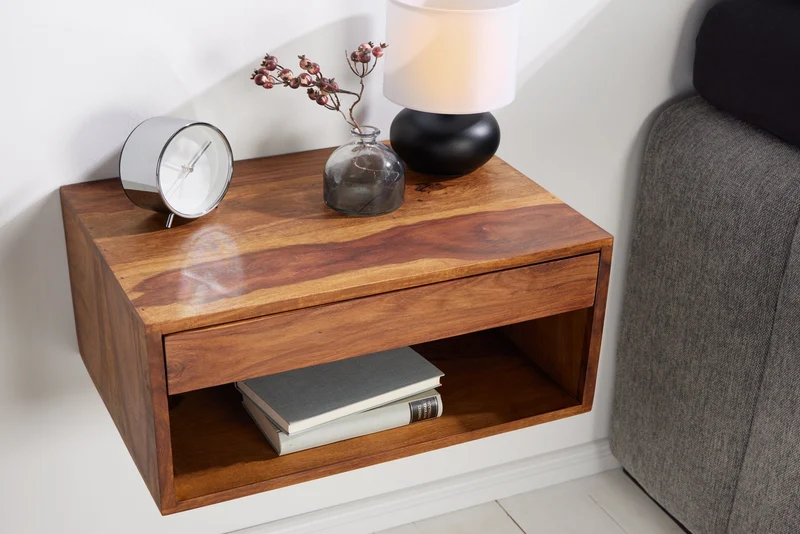 Table de chevet suspendue PURE 50cm marron Sheesham bois massif finition pierre étagère tiroir