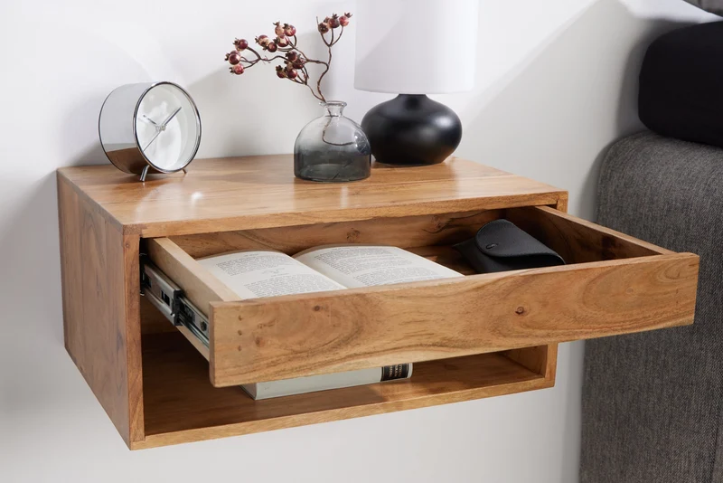 Table de chevet suspendue PURE 50cm tiroir en bois massif d’acacia marron finition miel