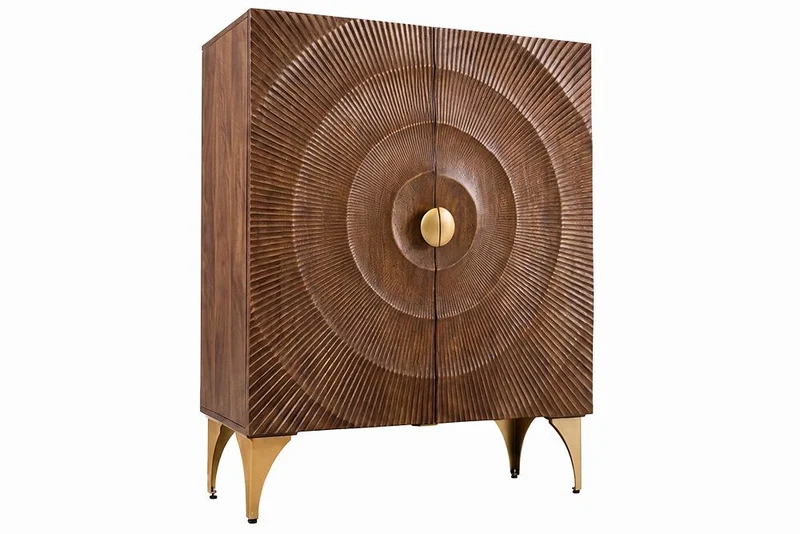 Buffet haut massif GOLDEN SUNSET 120cm en bois de manguier marron doré avec sculptures 3D