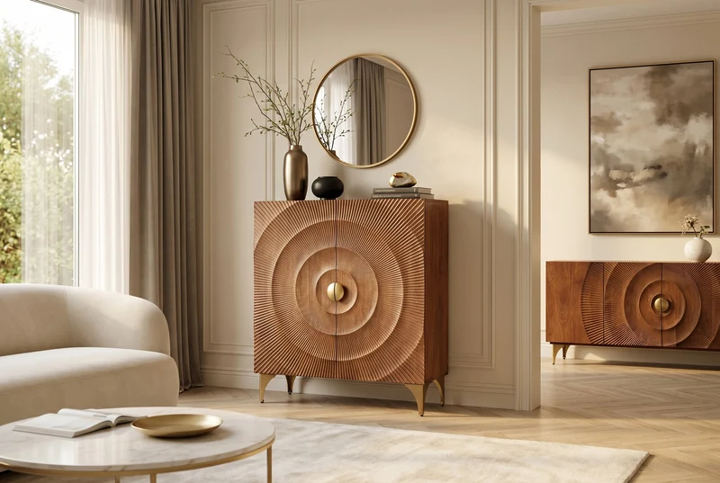 Buffet haut massif GOLDEN SUNSET 120cm en bois de manguier marron doré avec sculptures 3D