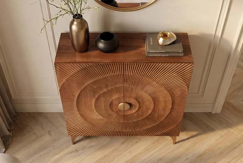 Buffet haut massif GOLDEN SUNSET 120cm en bois de manguier marron doré avec sculptures 3D
