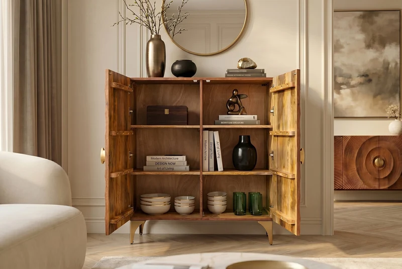Buffet haut massif GOLDEN SUNSET 120cm en bois de manguier marron doré avec sculptures 3D