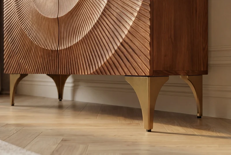 Buffet haut massif GOLDEN SUNSET 120cm en bois de manguier marron doré avec sculptures 3D