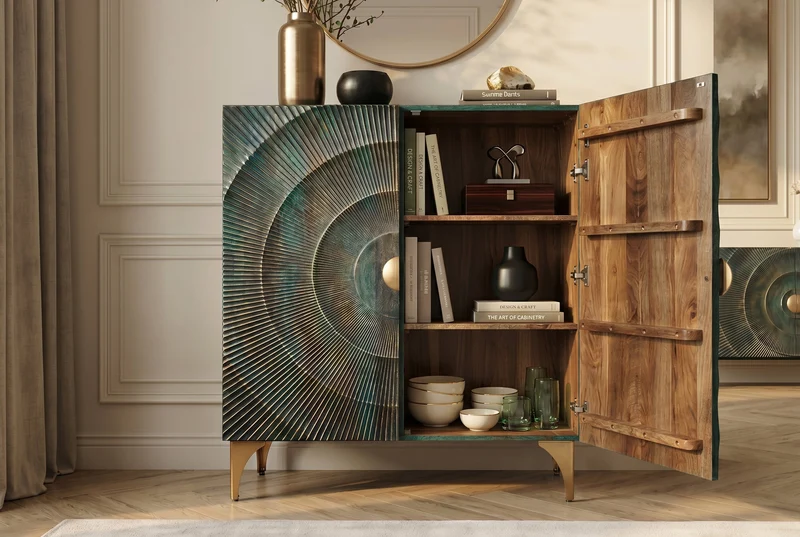 Buffet haut massif GOLDEN SUNSET 120cm en bois de manguier turquoise doré avec sculptures 3D