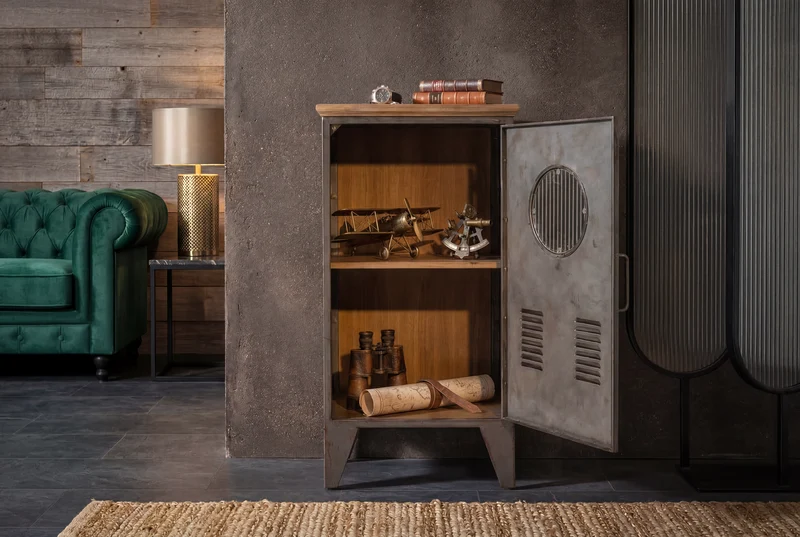 Armoire industrielle NAUTILUS 85cm casier vintage en bois massif métal gris naturel