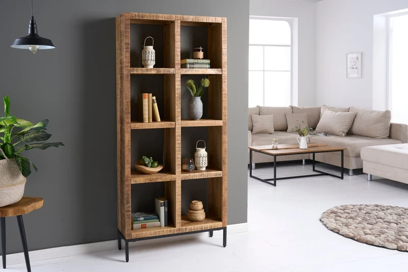 Etagère solide IRON CRAFT 176cm bibliothèque en bois de manguier huit compartiments design industriel