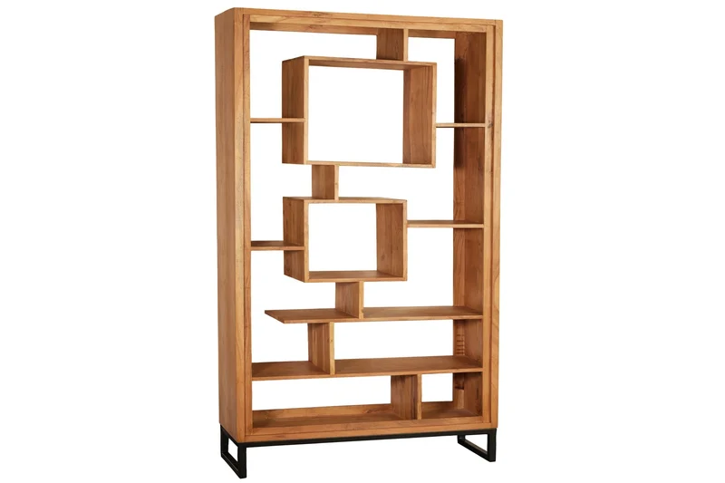 Bibliothèque en bois massif CUBUS 190cm acacia finition miel pieds métal étagère sur pied noire