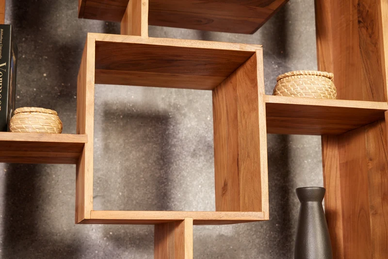 Bibliothèque en bois massif CUBUS 190cm acacia finition miel pieds métal étagère sur pied noire