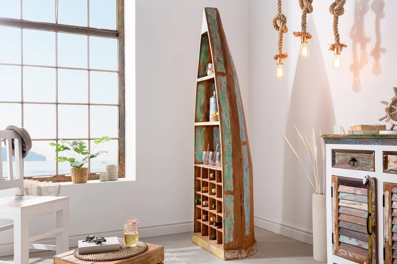 Etagère décorative pour bateau JAKARTA 190cm en bois massif coloré issu de bateaux de pêche recyclés casier à vin